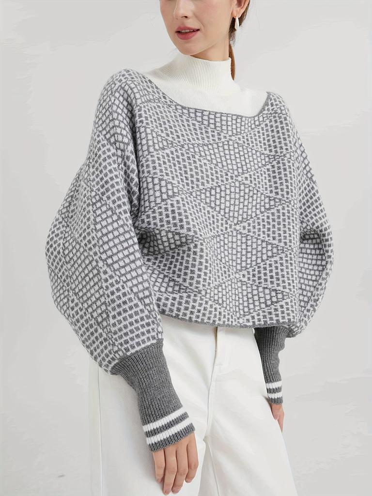 Gray 3D Pattern Batwing Sleeve Knit Sweater - Half High Neck European and American Style