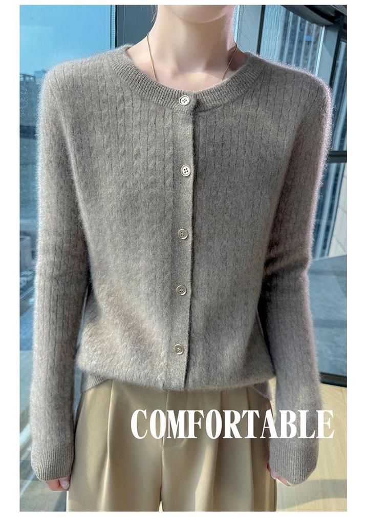 2026 Autumn/Winter Women's Soft Chunky Cable Knit Wool Cardigan Sweater - Round Neck Solid Color Top