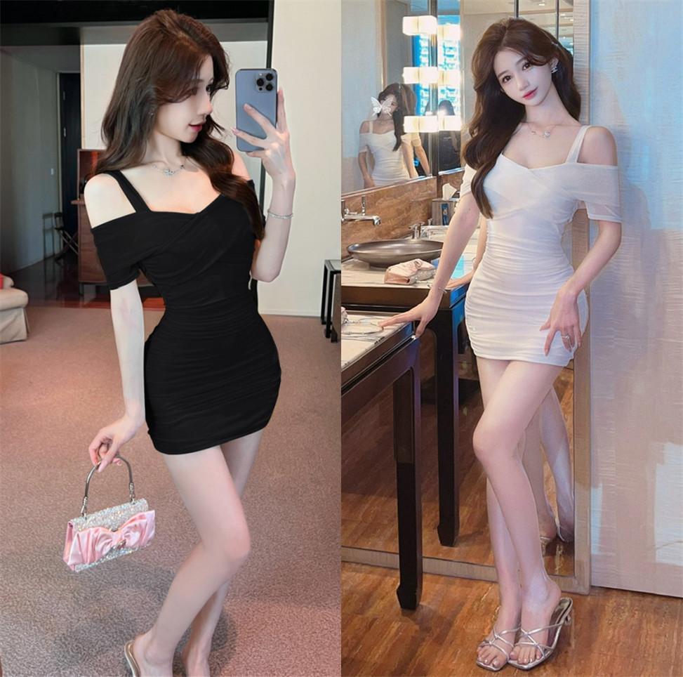 Autumn and winter new sexy celebrity mesh yarn, etc. Shoulder open, slim fit, waist base, hip wrap short suspender dress women