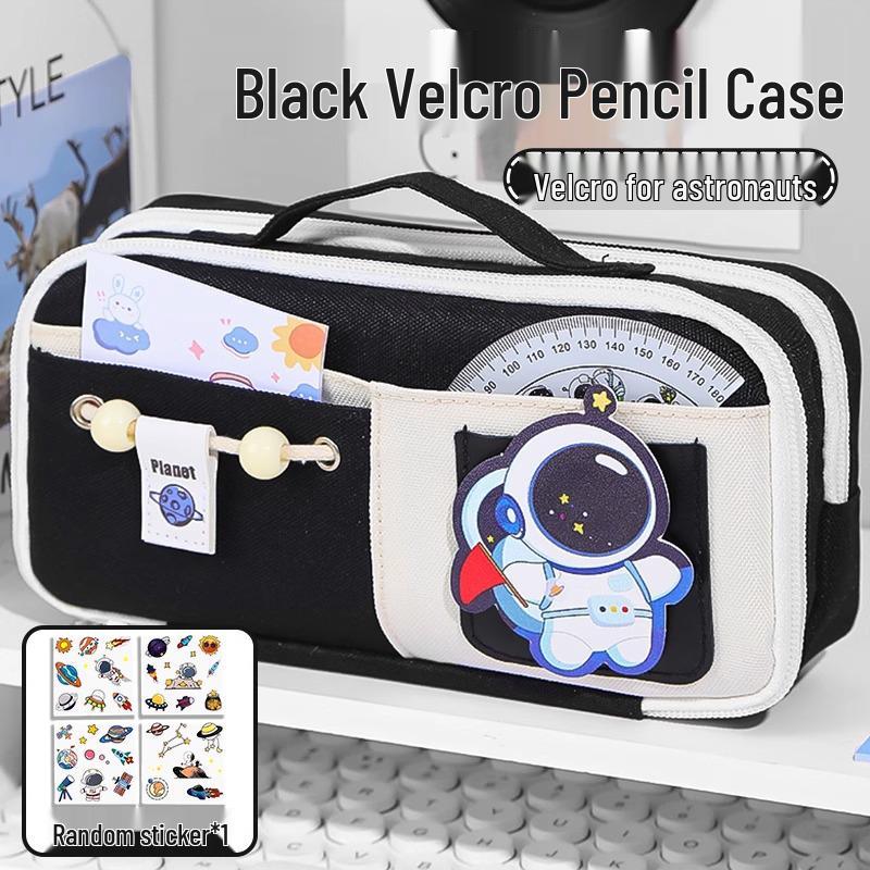 Send Astronaut Velcro! Boys' Black Dirt-Resistant Pencil Case, Hand-Carry, Large Capacity, New 2025 Style.