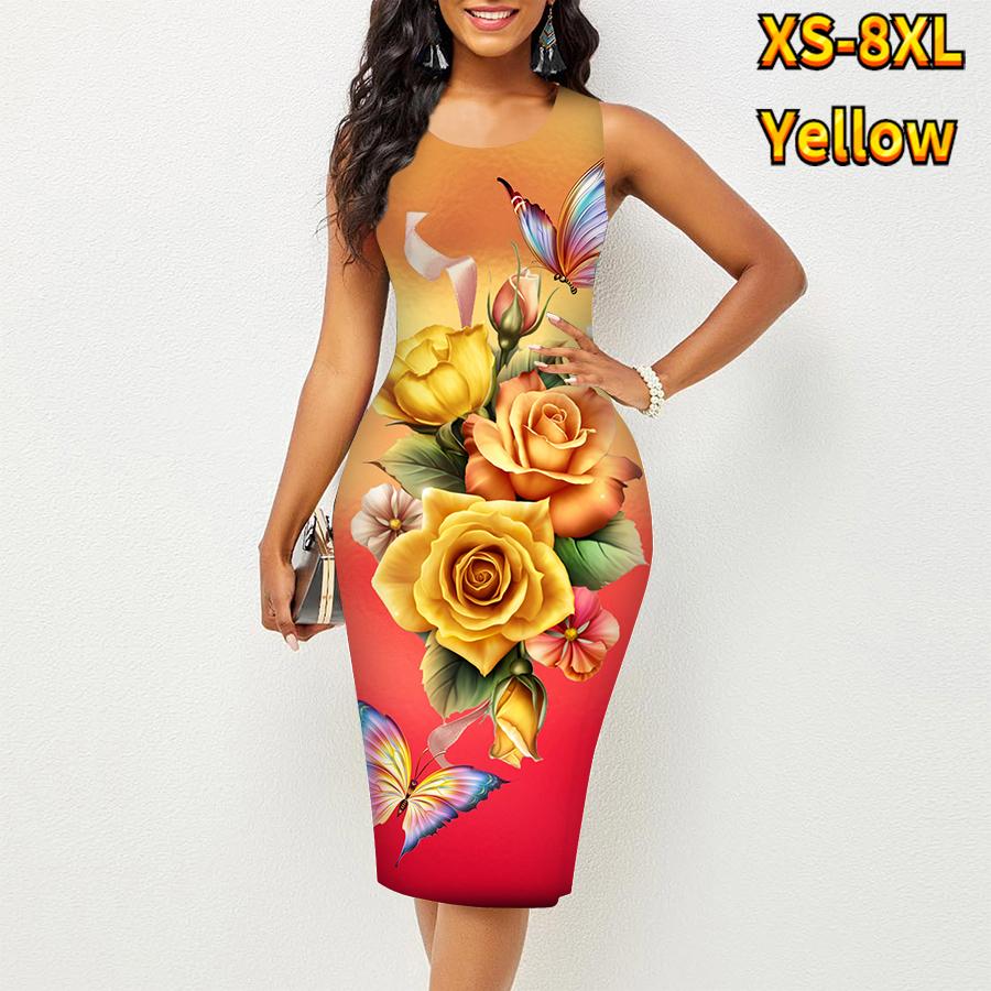 

Женское платье на бретельках, летнее, с бабочками, богатое и благородное, с цветочным принтом, облегающее, без рукавов, сексуальное, модное, верхняя одежда 5XL жёлтый