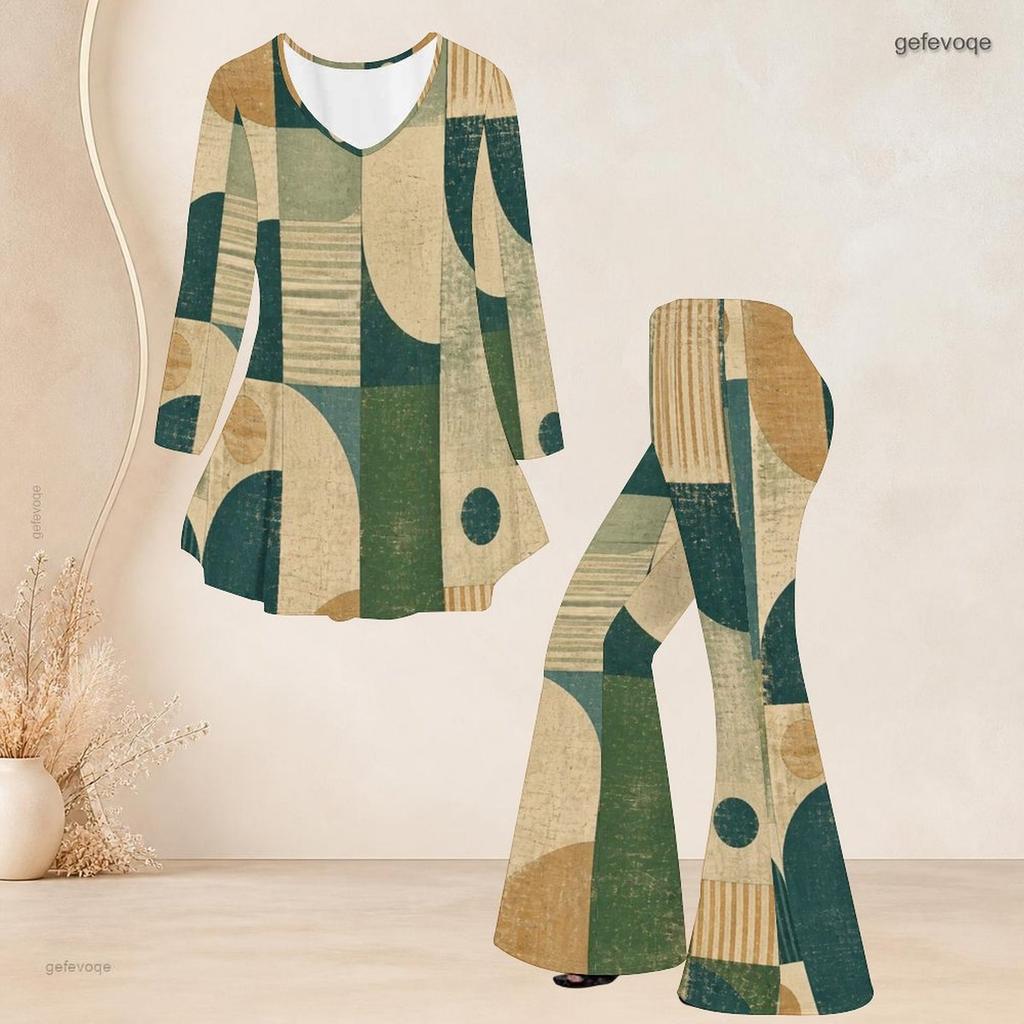 Women Plus Size Round Neck Three Quarter Sleeve Printed Flared Top And Flared Pants Two Piece Set