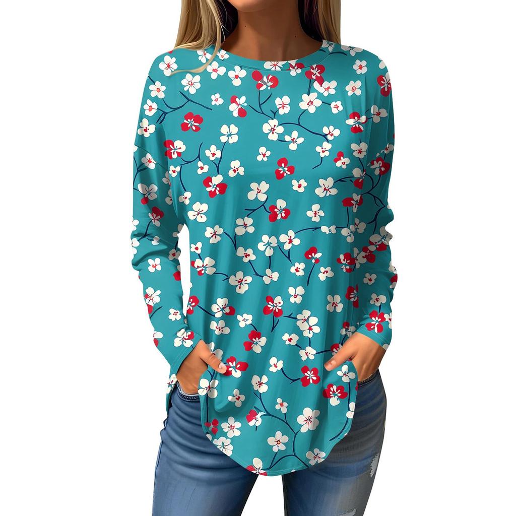 Women's Loose Round Neck Print Long Sleeve T-Shirt Top Pullover