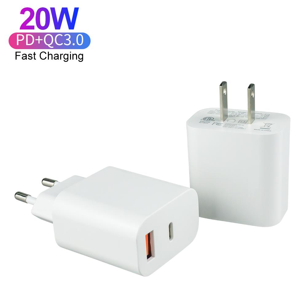 Certified Fast Charging PD 20W QC3.0 Charger USB-C Travel Power Adapter Dual Port Charger for IPhone Android