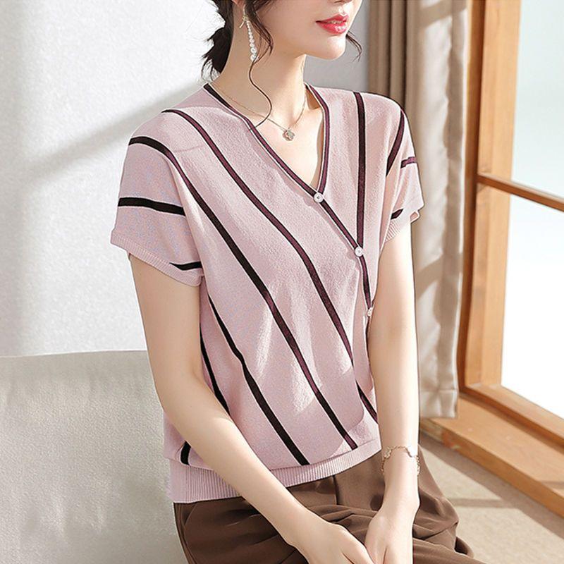 Mom Summer Striped Short Sleeved Ice Silk Knitted T-shirt Women's V-neck Top Thin
