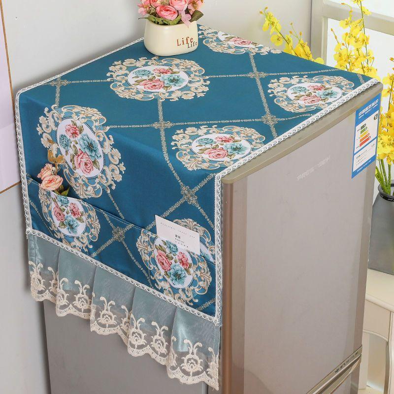 Rural Style Refrigerator Dust Cover with Lace Embroidery Patterns Anti Dust and Anti Stain Universal Size Double Door Refrigerator Decorative Cover