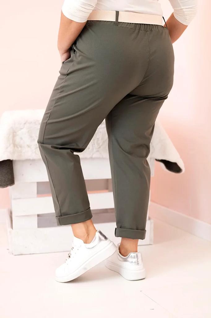 Spodnie Damskie Bawełniane Plus Size Z Paskiem Khaki Xl