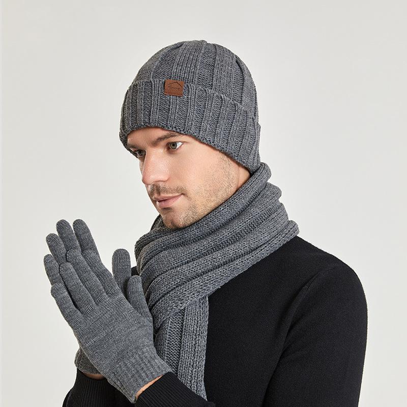 Chapeau d'hiver en laine tricotée pour hommes et femmes, même chapeau, ensemble trois pièces écharpe, gants, chapeau à couverture thermique en peluche