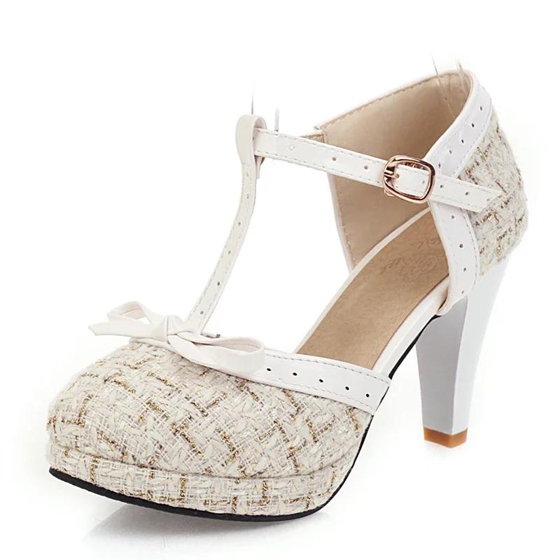 Fashion Fashion Spike Heel Women Pumps T-strap Round Toe Platform Shoes Female Buckle Strap Bowknot Party Pumps For Girlfriends