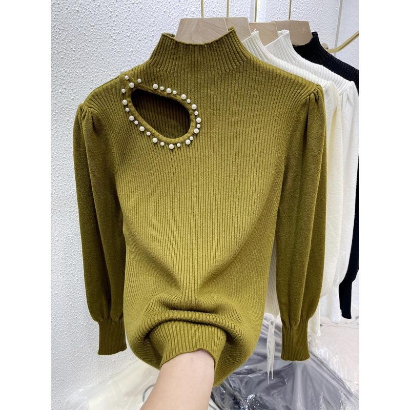 

Вязаный свитер с полыми бусинами для женщин, с полувысоким воротником и длинными рукавами, базовый свитер 3XL