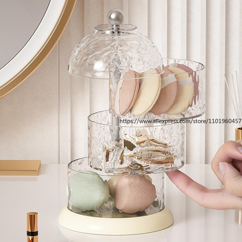 Luxury Rotatable Puff Storage Box Transparent Premium Multi-Layer Dustproof Case with Lid for Lipstick Jewelry Perfume Home Use
