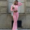 Women Solid Furry Long Sleeve Top Slim Flared Long Pants Two Piece Outfit