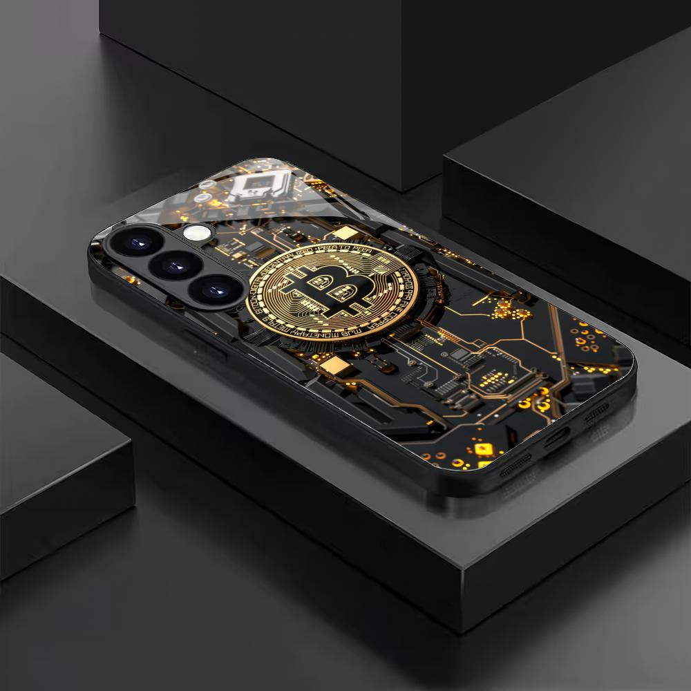 Goldene Bitcoin Hartglas Handyhülle geeignet für Samsung Galaxy S26 S25 S24 S22 S21 S20 FE/Ultra/Plus sturzsichere Rückabdeckung