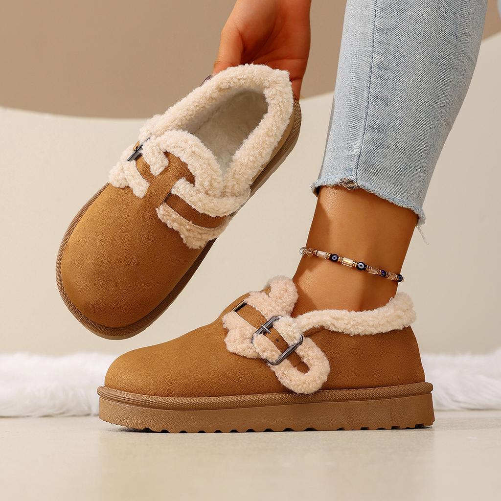 Fashion Retro Lined Snow Boots New Women's Slip-On Slippers Roman Style Rubber Sole Long Plush Inner Thick Heel Shoes Loafers with Fur