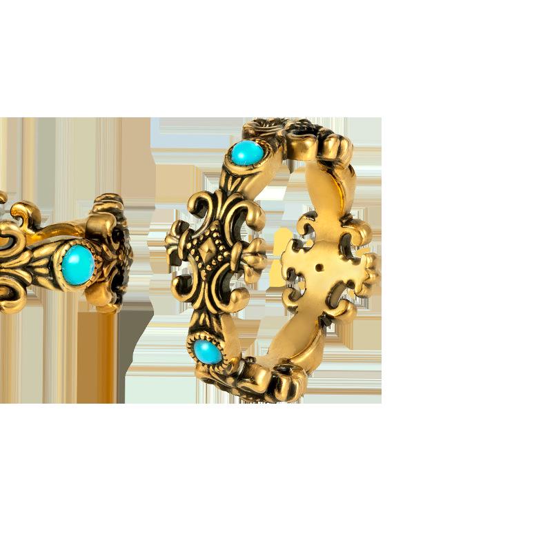 Yintai Fei Ancient Gold & Turquoise Iris Ring: Women s Luxury Retro Black Gold Adjustable Ring Open Adjustable