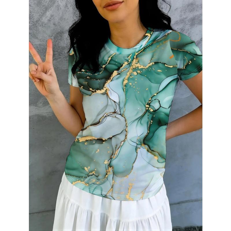 

Women s Casual Sports T-shirt Turquoise Fluid Texture Embellished with Gold Line Printing Round Neck Short-sleeved Top S