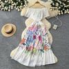 New Women's Summer Sleeveless Print Dress Pearl One-Neck High Waist A-Dress Commuter High Street Style