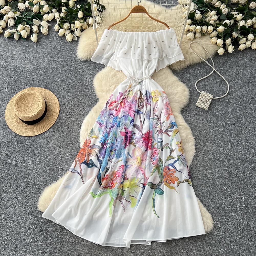New Women's Summer Sleeveless Print Dress Pearl One-Neck High Waist A-Dress Commuter High Street Style