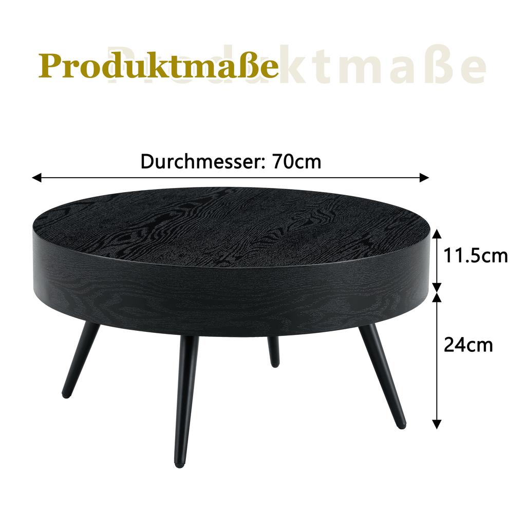 Tavolino da Caffè Rotondo con Diametro 70 cm in Legno Nero (MDF) & Gambe in Metallo Nero. Design Minimalista, Ideale per Soggiorno e Spazi Piccoli.