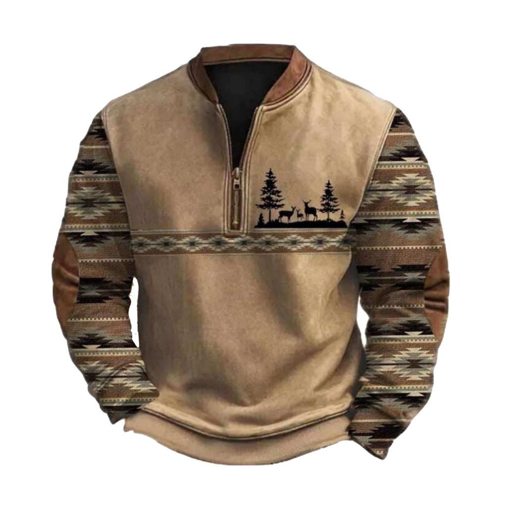 Men's Casual, Trendy, Retro American- Printed Round-neck Long-sleeved Half-pull Hoodie