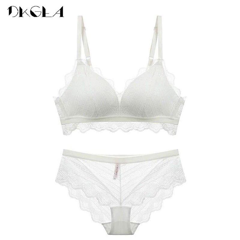 

DKGEA Wire Free Бюстгальтер и трусики Комплект кружевного тонкого женского нижнего белья Сексуальное 75A белый
