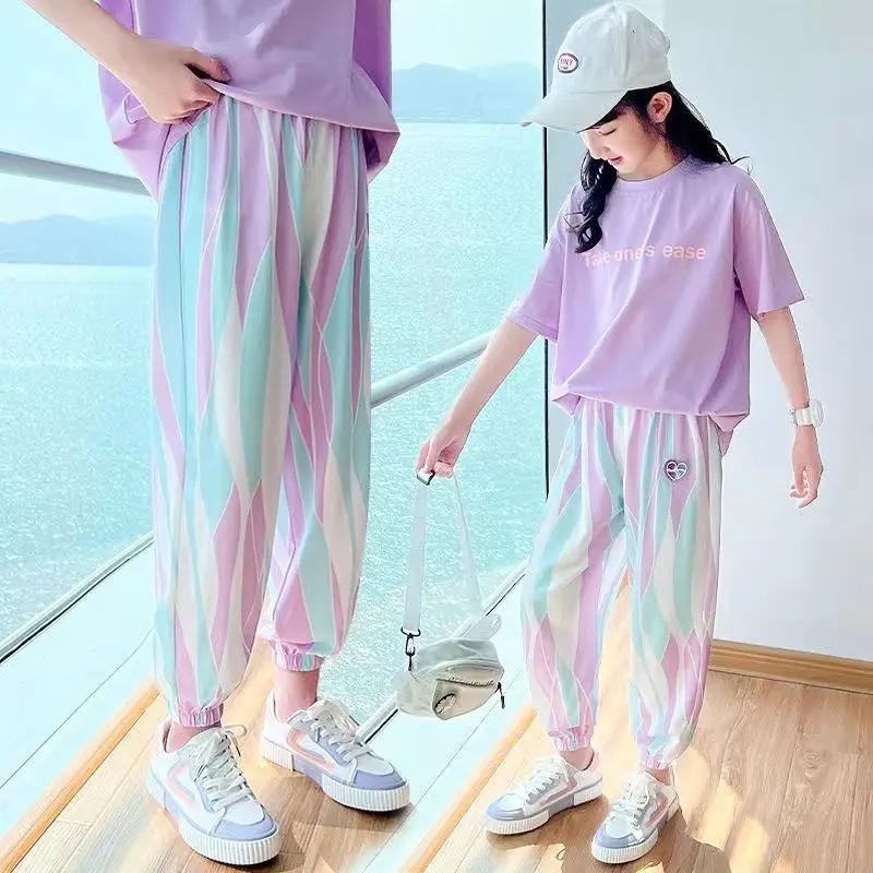 

Комплект спортивной одежды для девочек, летний повседневный комплект с коротким рукавом | Модная одежда из двух предметов для девочек-подростков 12-15 лет, модная 160