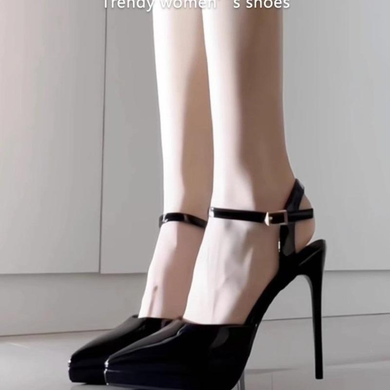 

Fashion Nude Pointed Toe Platform Baotou Sandals Women s Summer Sexy One-word Buckle Strap Back Empty High Heels 34 чёрный