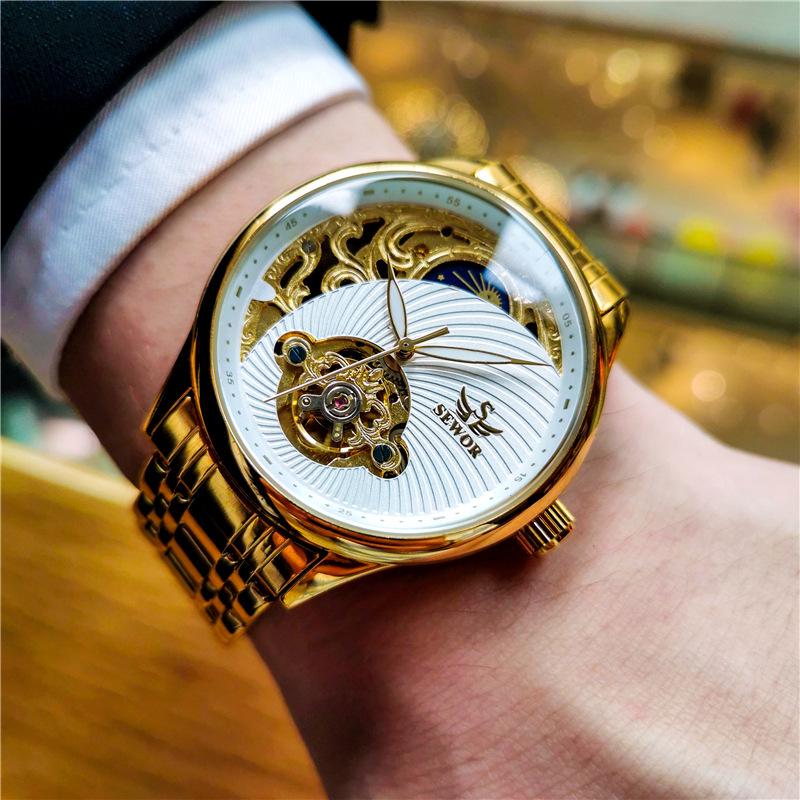 SEWOR Men's Semi-Automatic Skeleton Tourbillon Luminous Waterproof Retro Business Watch