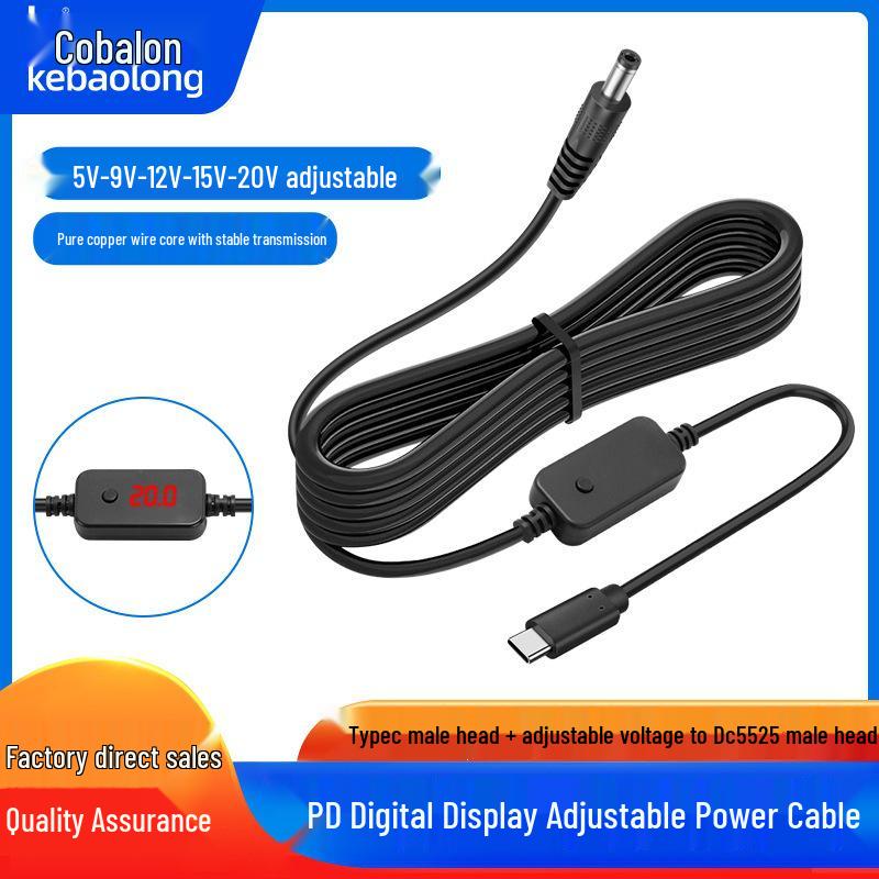 

Adjustable Voltage Type-C to DC Power Cable 12V with Digital Display, 5V/9V/15V/20V 3A PD Trigger Charging