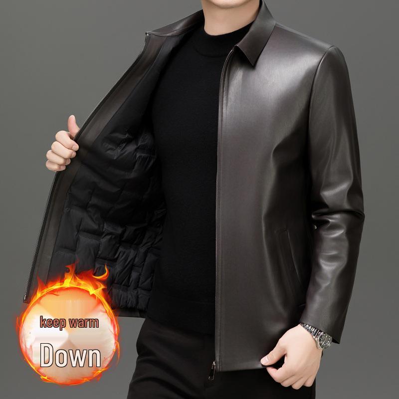 

Men s Winter PU Leather Down Jacket - Middle-aged Lapel Business Casual Coat XXL