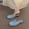 Sheepskin version~ niche French one-word cool slippers women's open-toed square head temperament Roman shoes flat beach shoes