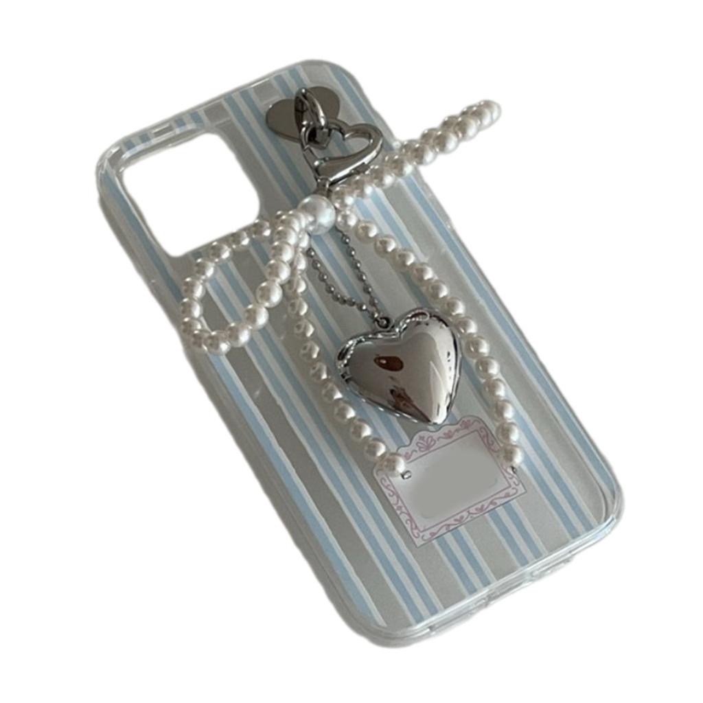 Handmade Bowknot Ribbon Keychain with Silver Heart Imitation Pearls Keyring Fashionable Accessory for Fashion Lovers