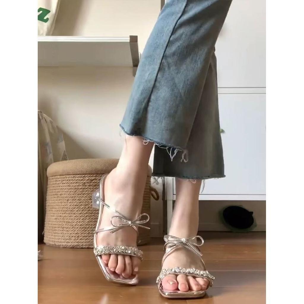 Beautiful French rhinestone bow slippers women's outer wear 2025 new summer fairy sandals temperament high heels