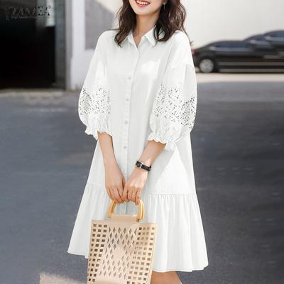 Women Casual Turn Down Collar Lace Splice 3/4 Sleeve Loose Dress