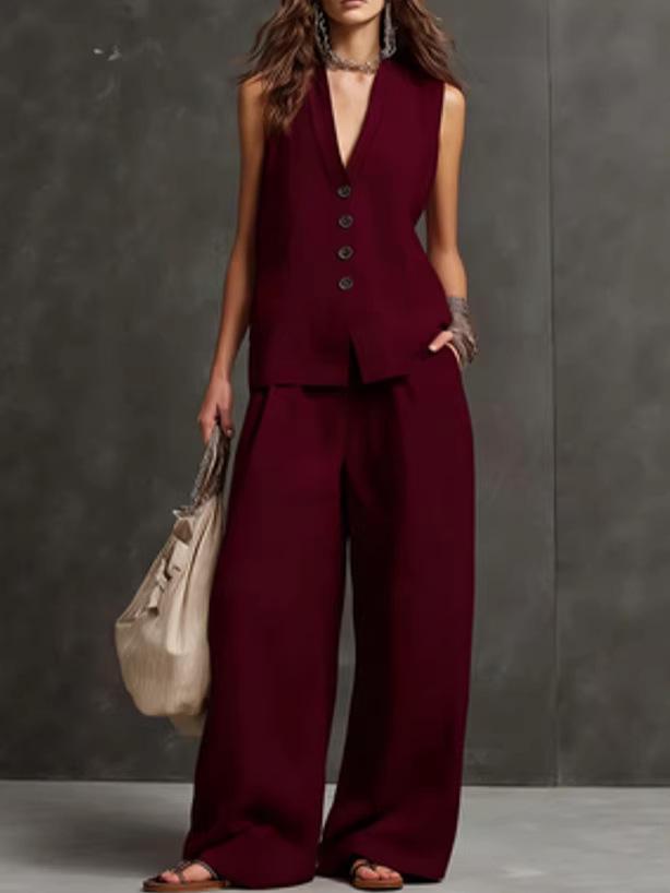 2026 Women's Cotton Linen Two-Piece Sleeveless Vest & Wide-Leg Pants Set