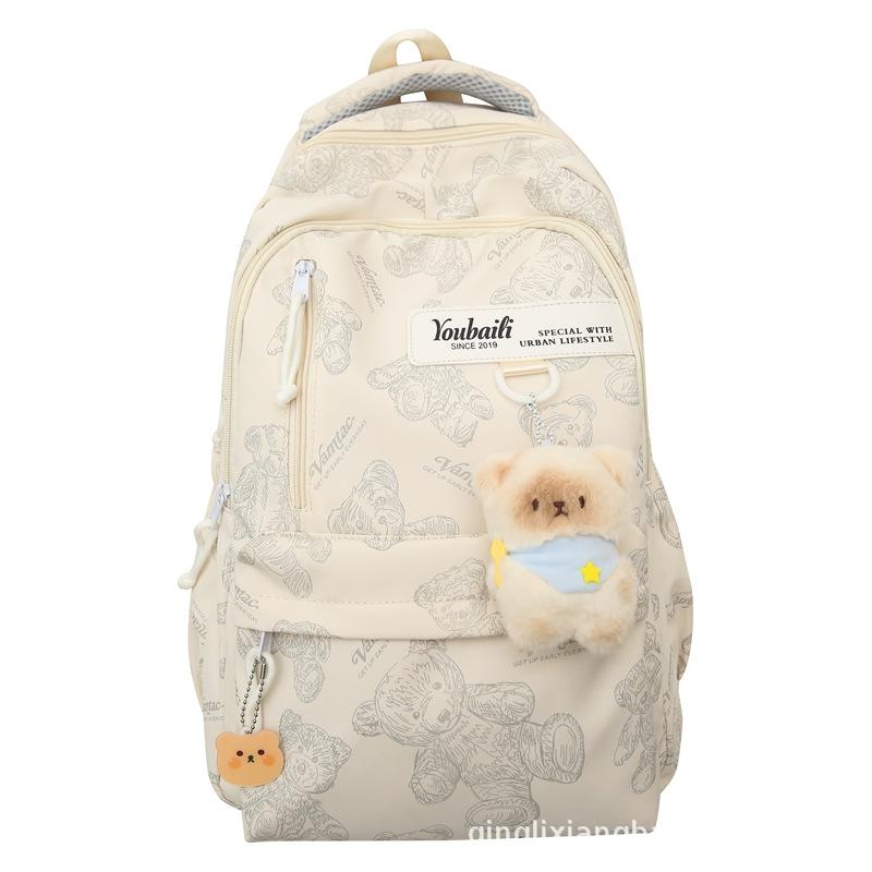 Schoolbag schoolbag for female junior high school students, simple printed bear, large-capacity backpack, new trendy college student couple computer