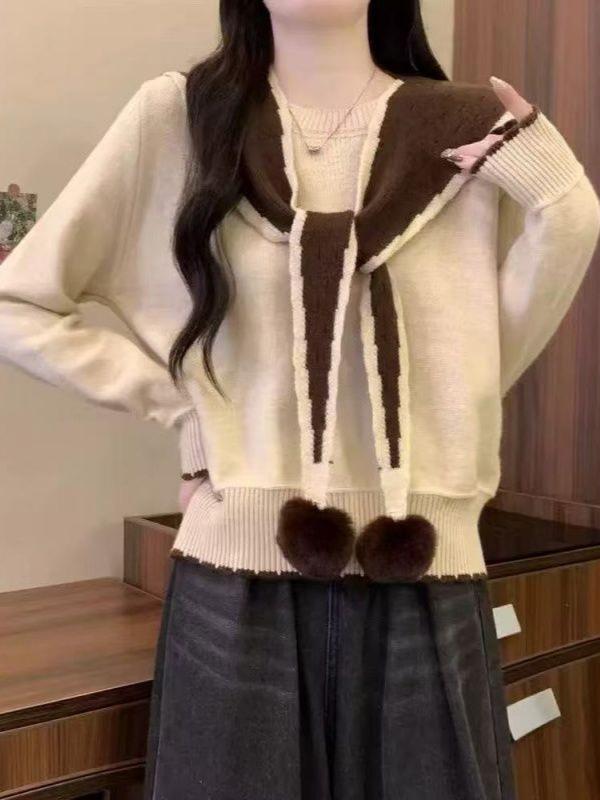 Chic Red Christmas Shawl Sweater for Women - Korean Style Knit Top, Petite Autumn/Winter Fashion
