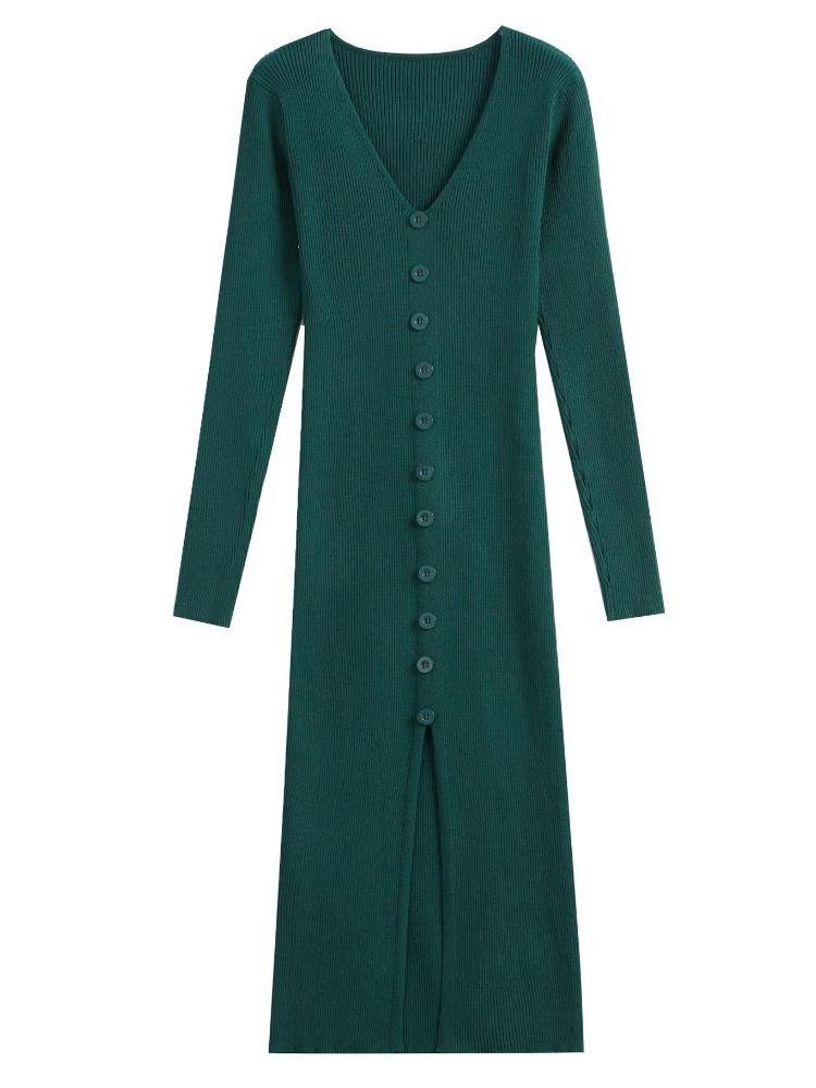 

Black Slim Fit V-Neck Button Front Long Sleeve Knit Dress with Slit L темно-зелений колір