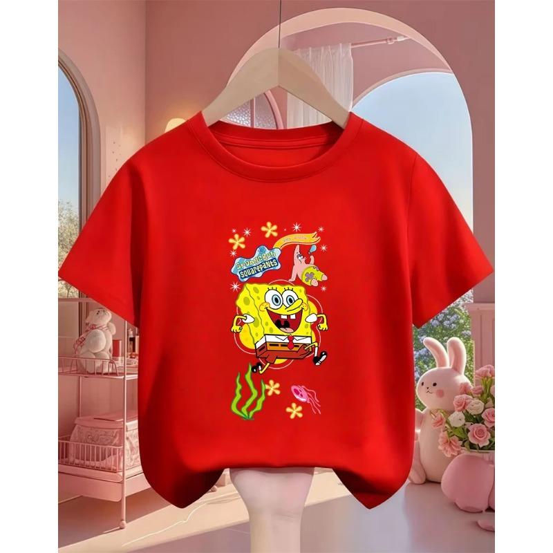 Street SpongeBob SquarePants Casual T Shirt 3-14Y Boys Girls Summer Cute Kawaii Fashion Hot Cartoon Crew Neck Kids