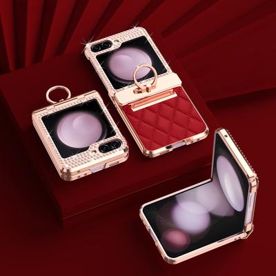 Diamonds Leather Plating Ring Holder Case for Samsung Galaxy Z Flip 5 4 3 5G Shockproof Hinge Protection Cover