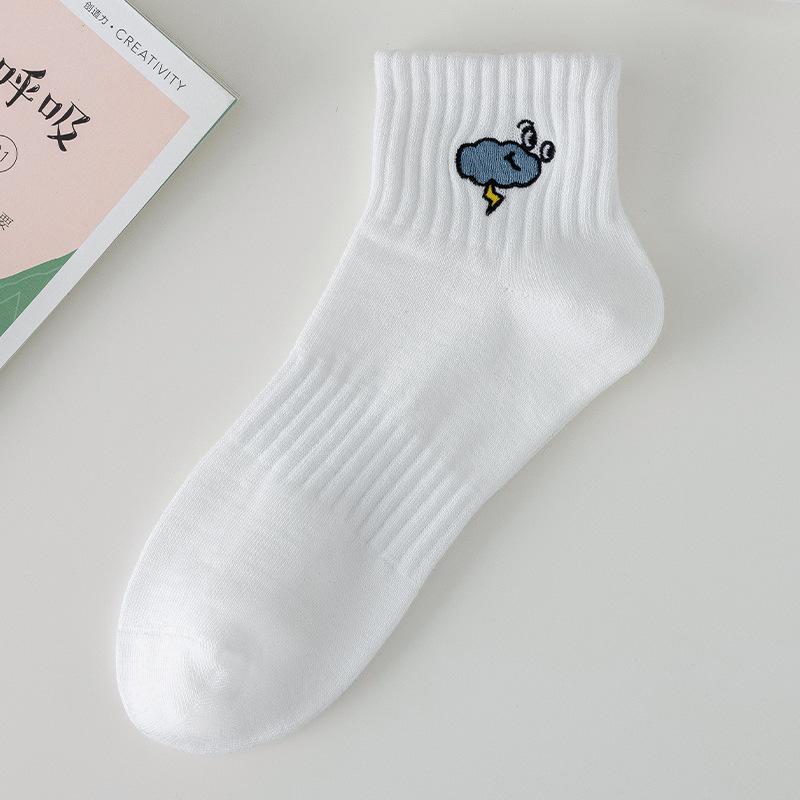 Solid Color Cotton Sports Socks for Women, Summer Thin Style for Women, Cartoon Embroidered Fabric Label Boneless White Short Socks