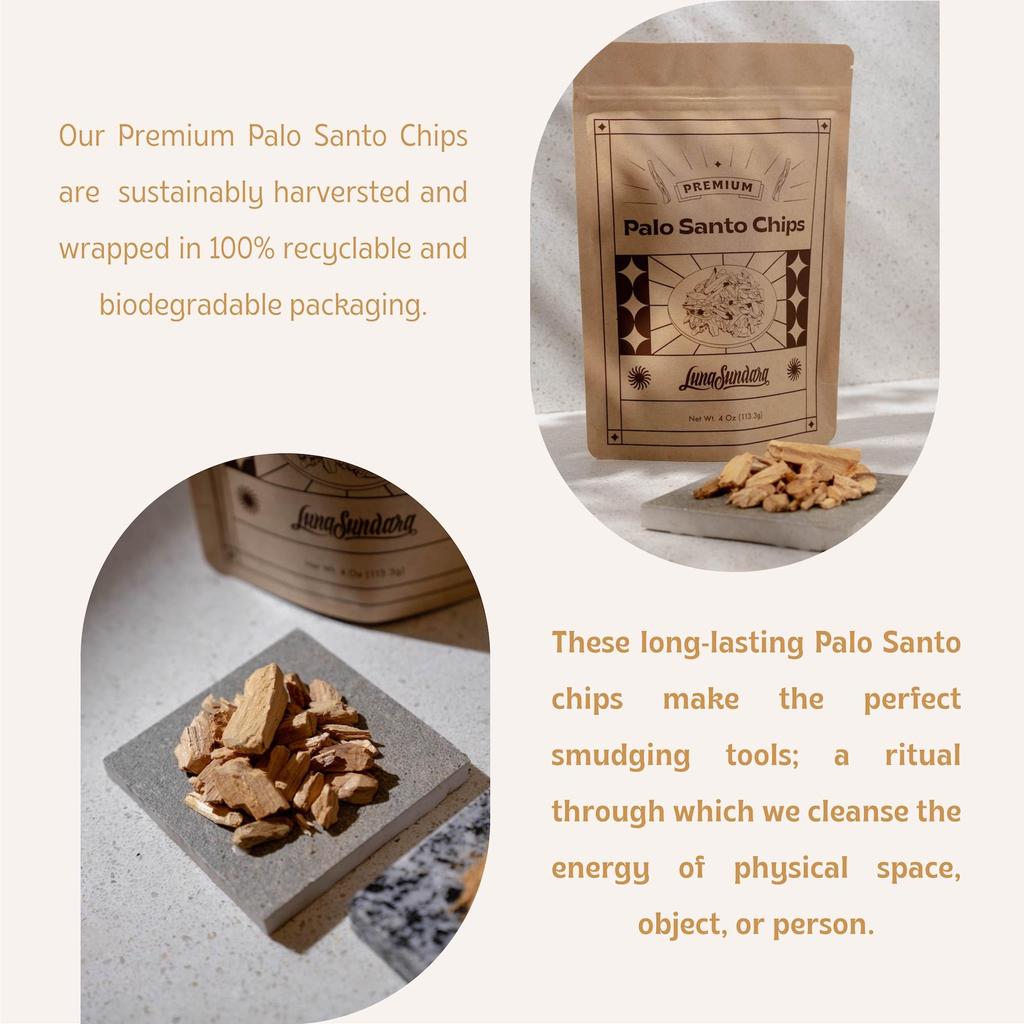 Luna Sundara Palo Santo Incense Chips - 4 Oz. Sustainably Harvested Palo Santo Wood for Smudging and Homemade Incense