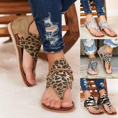 Fashion Outdoor 1 Pair Back Zipper Flats Heel Open Toe Beach Sandals Leopard Patchwork Clip-Toe Women Shoes Walking Shoes
