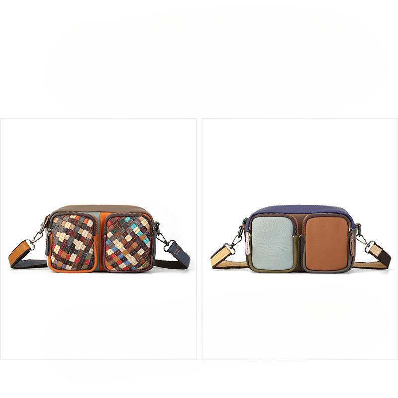 Genuine Leather Woven Color-blocked Camera Bag Large Capacity Multi-slot Single-shoulder Crossbody Bag