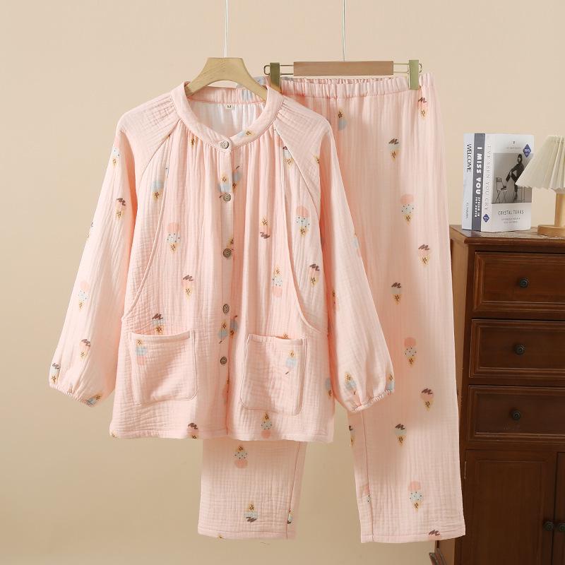 Silné bavlněné těhotenské pyžamo na jaro, podzim a zimu - Čtyřvrstvá gáza pro pohodlí v těhotenství, po porodu a při kojení