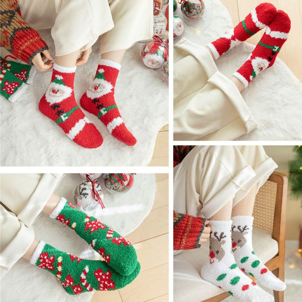

Рождественские носки из кораллового флиса, рождественские носки со снеговиком и лосем, милые носки средней длины, Рождество
