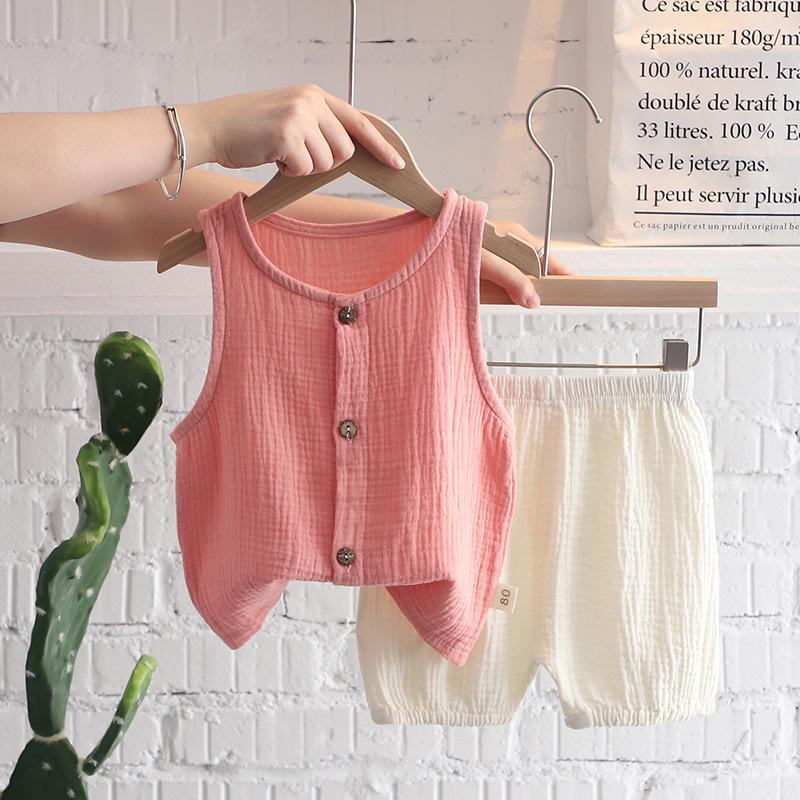 

Летний тонкий комплект безрукавного кардигана однотонный повседневный детский комплект жилет+шорты комплект из двух предметов 120 розовый