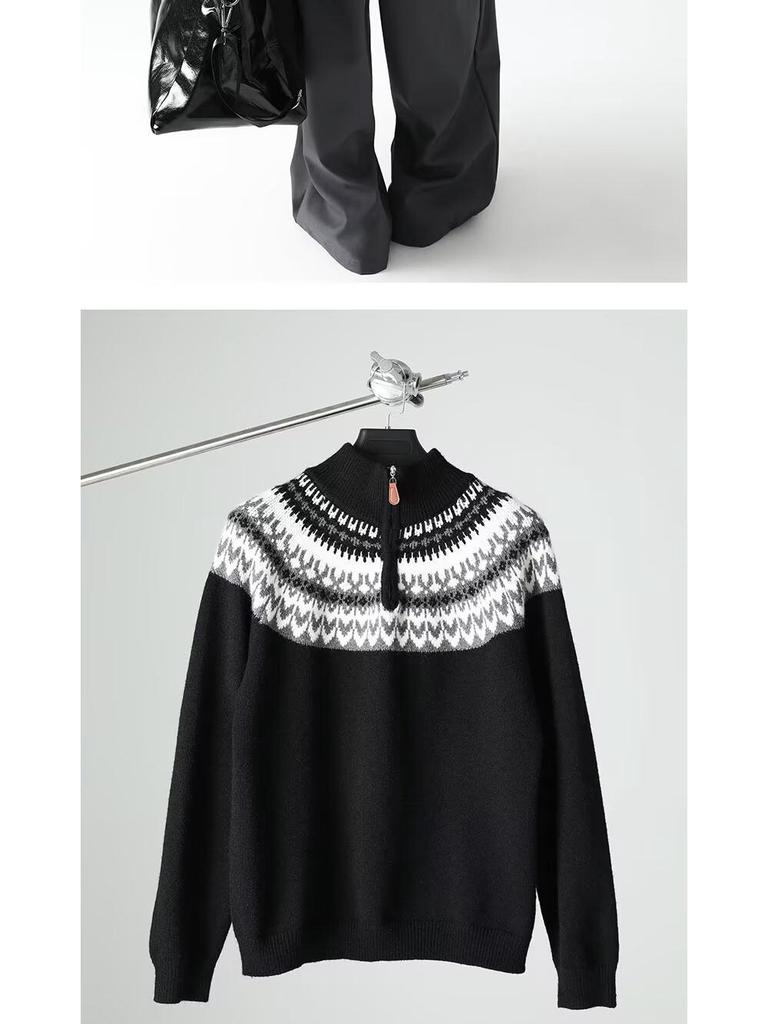 Men's Retro Jacquard Knitwear with Half-High Collar Zipper - Autumn/Winter Collection