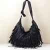 Women's Genuine Leather Black Striped Tassel Hobo Shoulder Bag