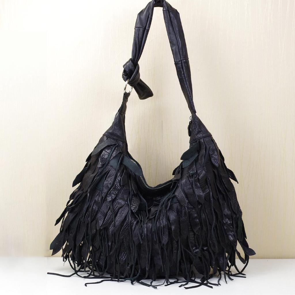 Borsa a Spalla Hobo da Donna in Vera Pelle Nera a Righe con Nappa